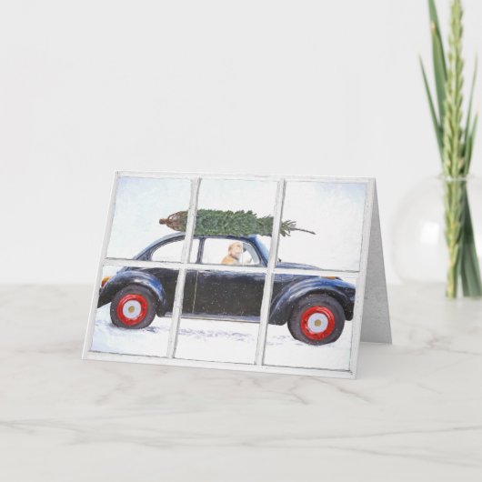 Carte Arbre de Noël en voiture avec chien dans la fenêtr (Devant)
