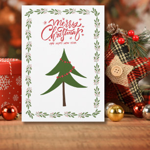 Carte Arbre de Noël et couronne rétro vintage minimalist