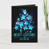 Carte Arbre de Noël moderne Bleu Étoiles sur noir (Devant)