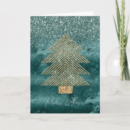 Carte Arbre de Noël Paix Marbre Vert Paillettes Or (Devant)