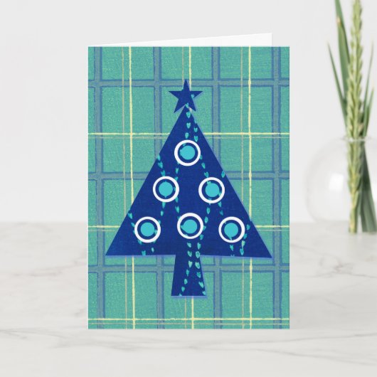 Carte Arbre de Noël rétro vintage en bleu (Devant)