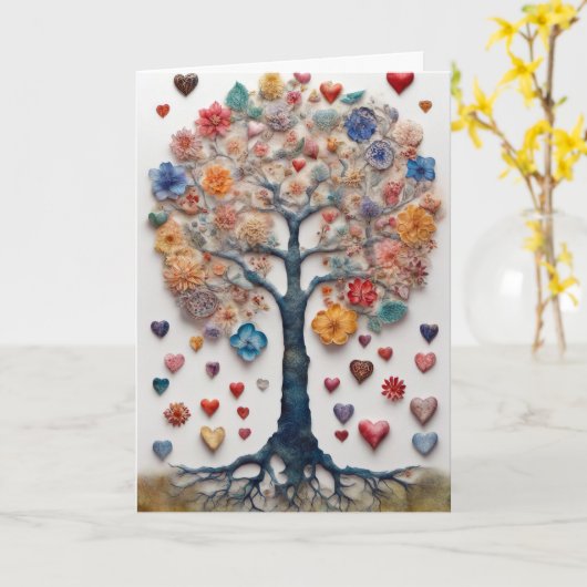 Carte Arbre en fleurs et coeurs (Fleur jaune)