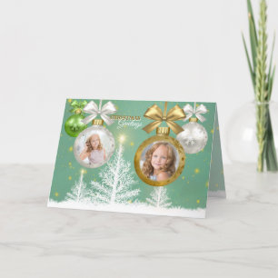 Carte Arbre vert blanc de neige de babiole d'or de Noël