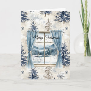 Carte Arbres bleus flocons de neige Noël Fenêtre