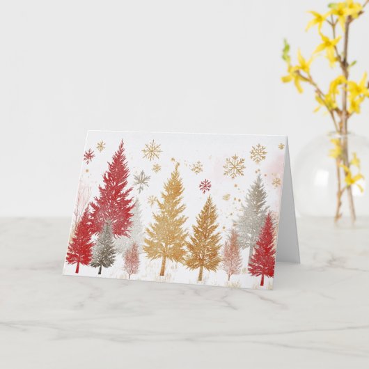Carte Arbres de Noël rouges et or en neige mousseuse (Fleur jaune)