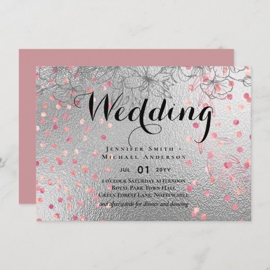 Carte Argent Rosegold MARIAGE Parties scintillant métall (Devant / Derrière)