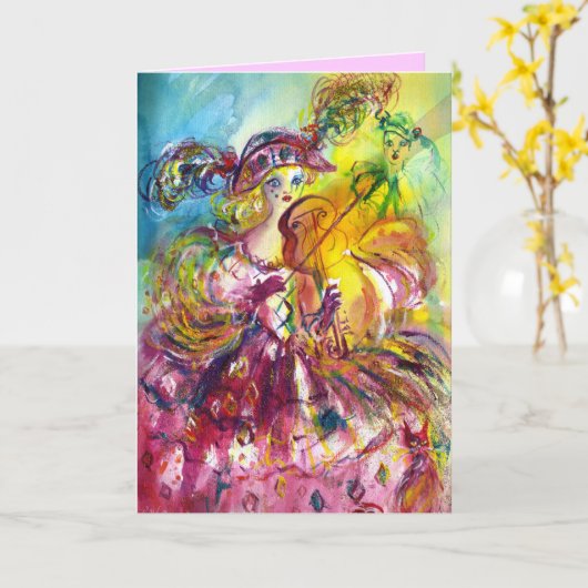 Carte ARLECCHINA VIOLINIST / Joyeux anniversaire vénitie (Fleur jaune)