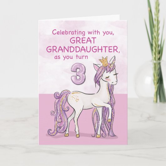 Carte Arrière-petite-fille 3ème anniversaire Cheval Rose (Devant)
