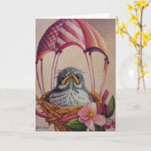 Carte Art aquarelle d'un oisillon avec parachute rose (Fleur jaune)