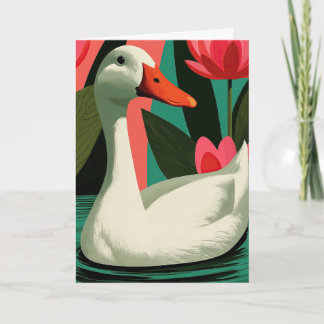 Carte Art botanique de l'étang de lotus au canard blanc