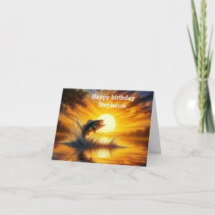 Carte art de la pêche leaping coucher de soleil Joyeux a