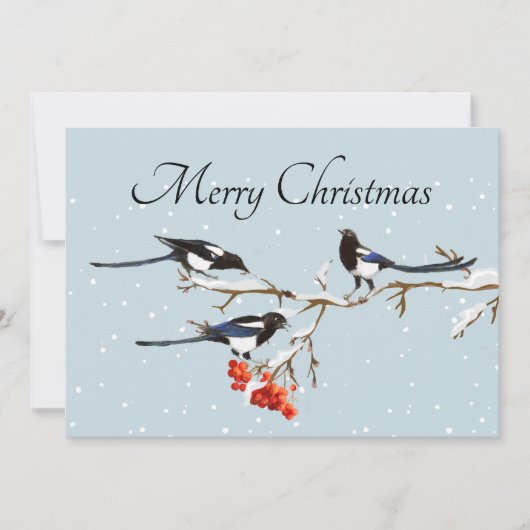 Carte Art de Noël à l'aquarelle avec houx, oiseau pie et (Devant)