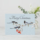 Carte Art de Noël à l'aquarelle avec houx, oiseau pie et (Debout devant)