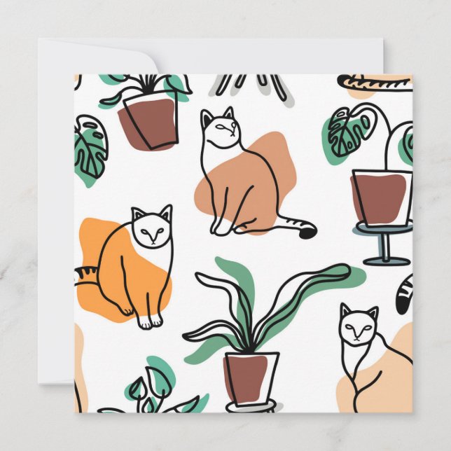 Carte Art de trait dessin chats et fleurs (Devant)