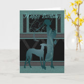 Carte Art Déco Anniversaire Avec Femme Et Chien (Fleur jaune)