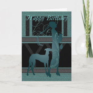 Carte Art Déco Anniversaire Avec Femme Et Chien