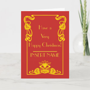 Carte Art Déco Calligraphie Rouge Or Noël