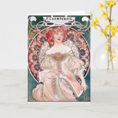 Carte Art déco de dame de robe de rose de Mucha (Fleur jaune)