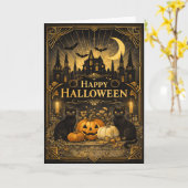 Carte Art déco Halloween noir et or (Fleur jaune)