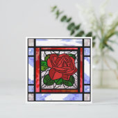 Carte Art Déco Rose Rouge Vitrail Bleu (Debout devant)