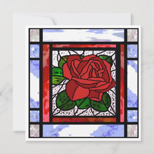 Carte Art Déco Rose Rouge Vitrail Bleu (Devant)