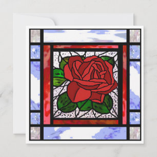 Carte Art Déco Rose Rouge Vitrail Bleu