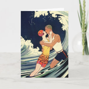 Carte Art déco vintage, les amoureux baignent sur la pla