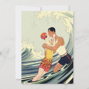 Carte Art déco vintage, les amoureux baignent sur la pla