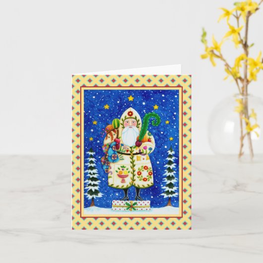 Carte ART FOLK BALTIMORE QUILT PÈRE NOËL Blanc (Fleur jaune)