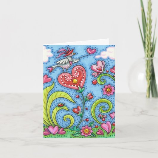 CARTE ART FOLKLORIQUE FANTAISISTE OISEAU, CŒURS ROSES JA (Devant)