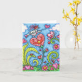 CARTE ART FOLKLORIQUE FANTAISISTE OISEAU, CŒURS ROSES JA (Fleur jaune)