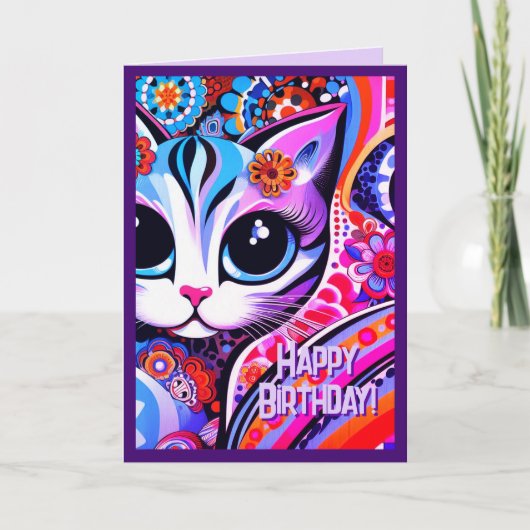 Carte Art folklorique mexicain Abstrait Kitty Chat Anniv (Devant)
