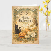 Carte Art Nouveau Black Cat Owl Halloween (Fleur jaune)