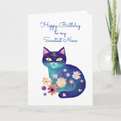 Carte Art populaire Chat et fleurs Anniversaire de la ni (Devant)