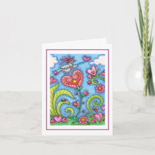 CARTE ART POPULAIRE FANTAISISTE OISEAU, CŒURS ROSES JARD