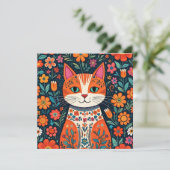 Carte Art populaire Whimsical Chat et Fleurs (Debout devant)
