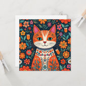 Carte Art populaire Whimsical Chat et Fleurs (Devant/Arrière en situation)