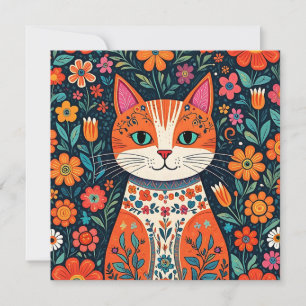 Carte Art populaire Whimsical Chat et Fleurs