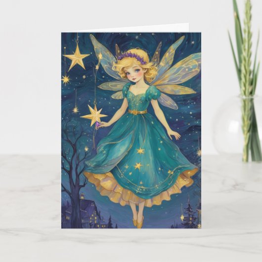 Carte Art rétro Fée de Noël étoile Nuit (Devant)