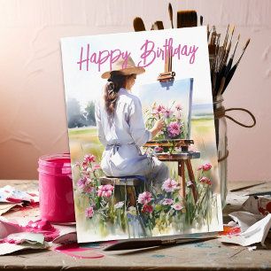 Carte Artiste Féminine Peignant des Fleurs dans un Champ