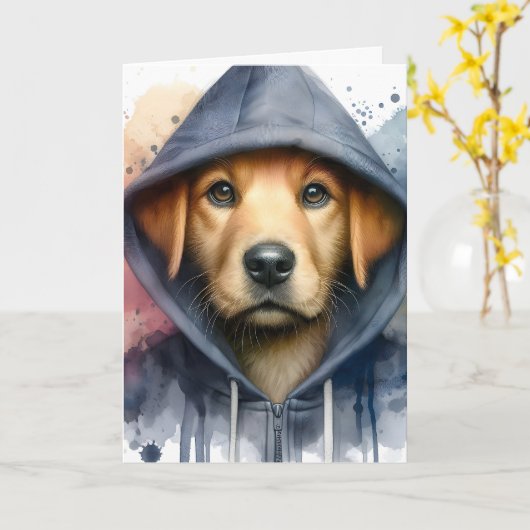 Carte Artwork d'aquarelle Chien Brown dans une plaque Sw (Fleur jaune)