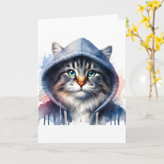 Carte Artwork d'aquarelle Tabby Chat dans une plaque Swe (Fleur jaune)