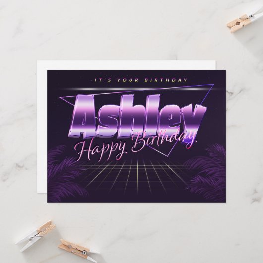 Carte Ashley Nom Prénom lila retro (Devant/Arrière en situation)