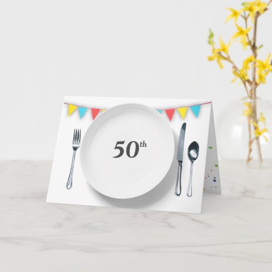 Carte Assiettes et couverts pour 50e anniversaire (Fleur jaune)