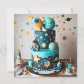 CARTE ASTRONAUT BLANC ET GÂTEAU ANNIVERSAIRE DE ENFANT S (Devant)
