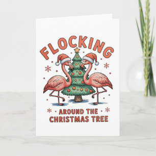 Carte Attroupés autour du sapin de Noël Flamant Rose