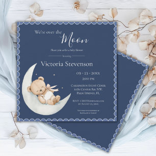 Carte Au-dessus de la lune Ours Baby shower bleu marine