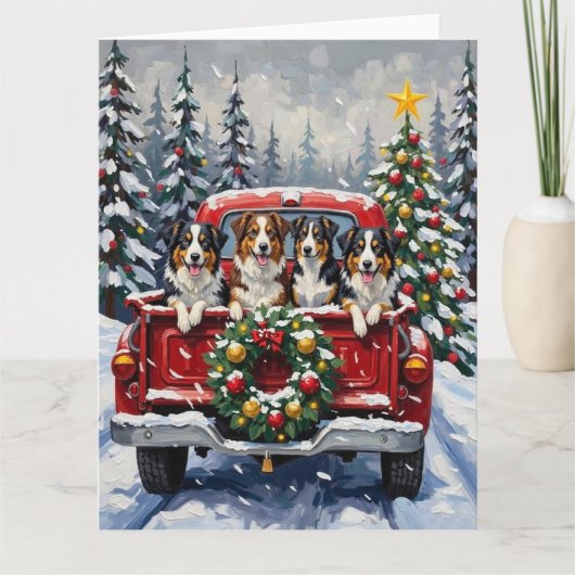 Carte Australian Shepherd Christmas Red Truck Holiday (Devant)