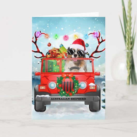 Carte Australian Shepherd dog avec cadeaux de Noël (Devant)