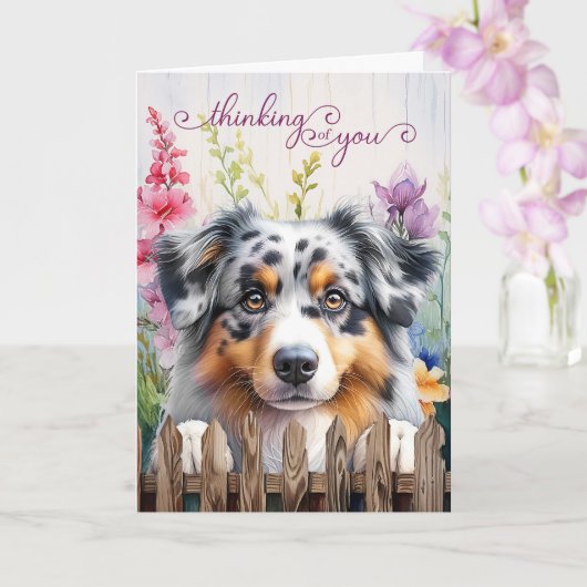 Carte Australian Shepherd Dog Fence Thinking of You (Orchidée)